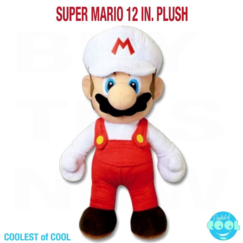 Nintendo Super Mario 12" Plush Fire Mario Wearing White Hat Stuffed Toy clean